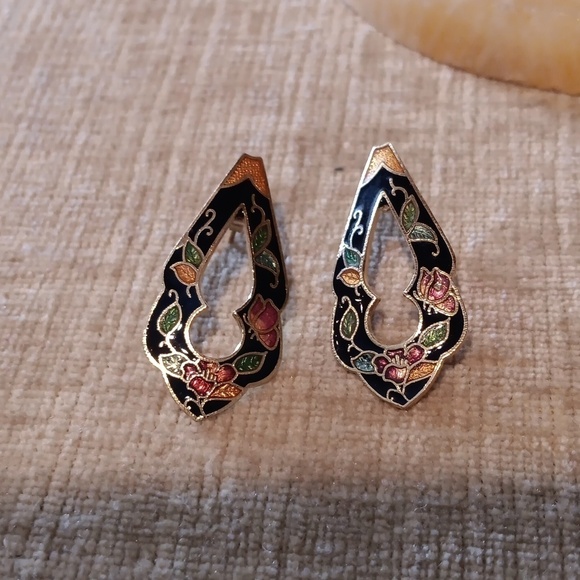 Gold Tone Cloisonne Enamel Earrings - Picture 3 of 9